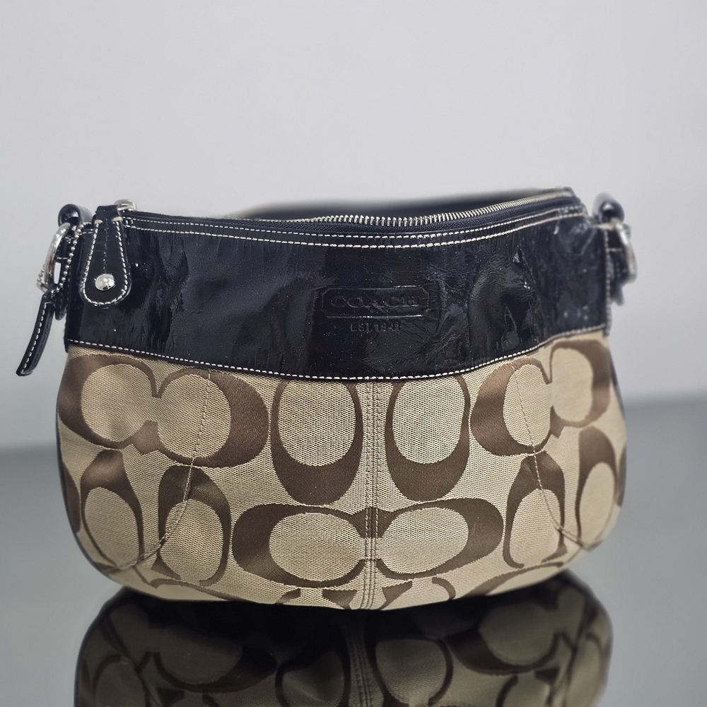 Coach Signature Canvas & Leather Shoulder Bag Khaki Black Monogram Hobo Purse